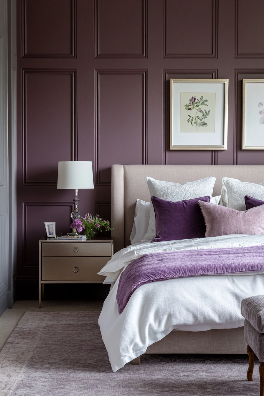 Bedroom with plum-colored walls and velvet cushions