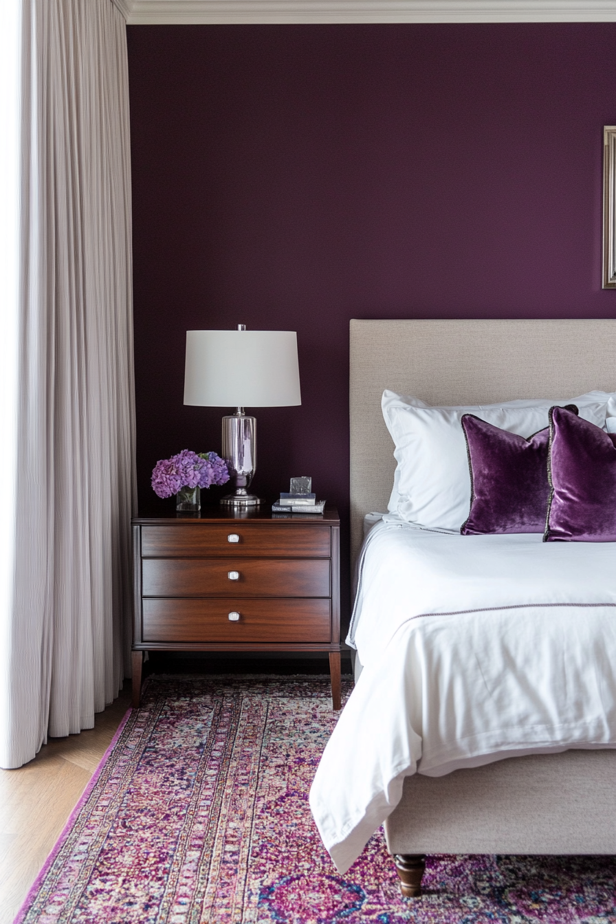 Bedroom with plum-colored walls and velvet cushions