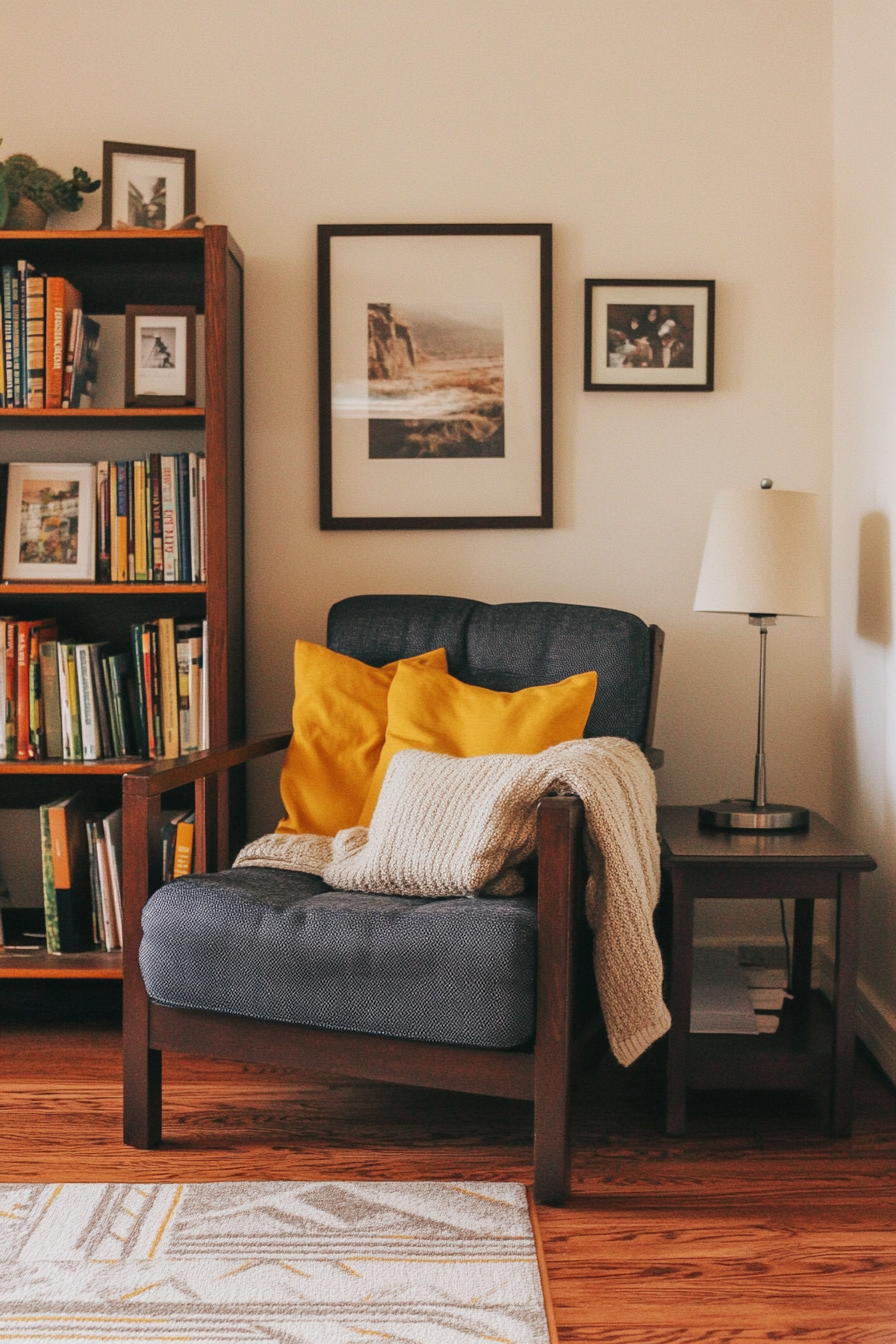 Bedroom with a cozy reading nook and soft cushions