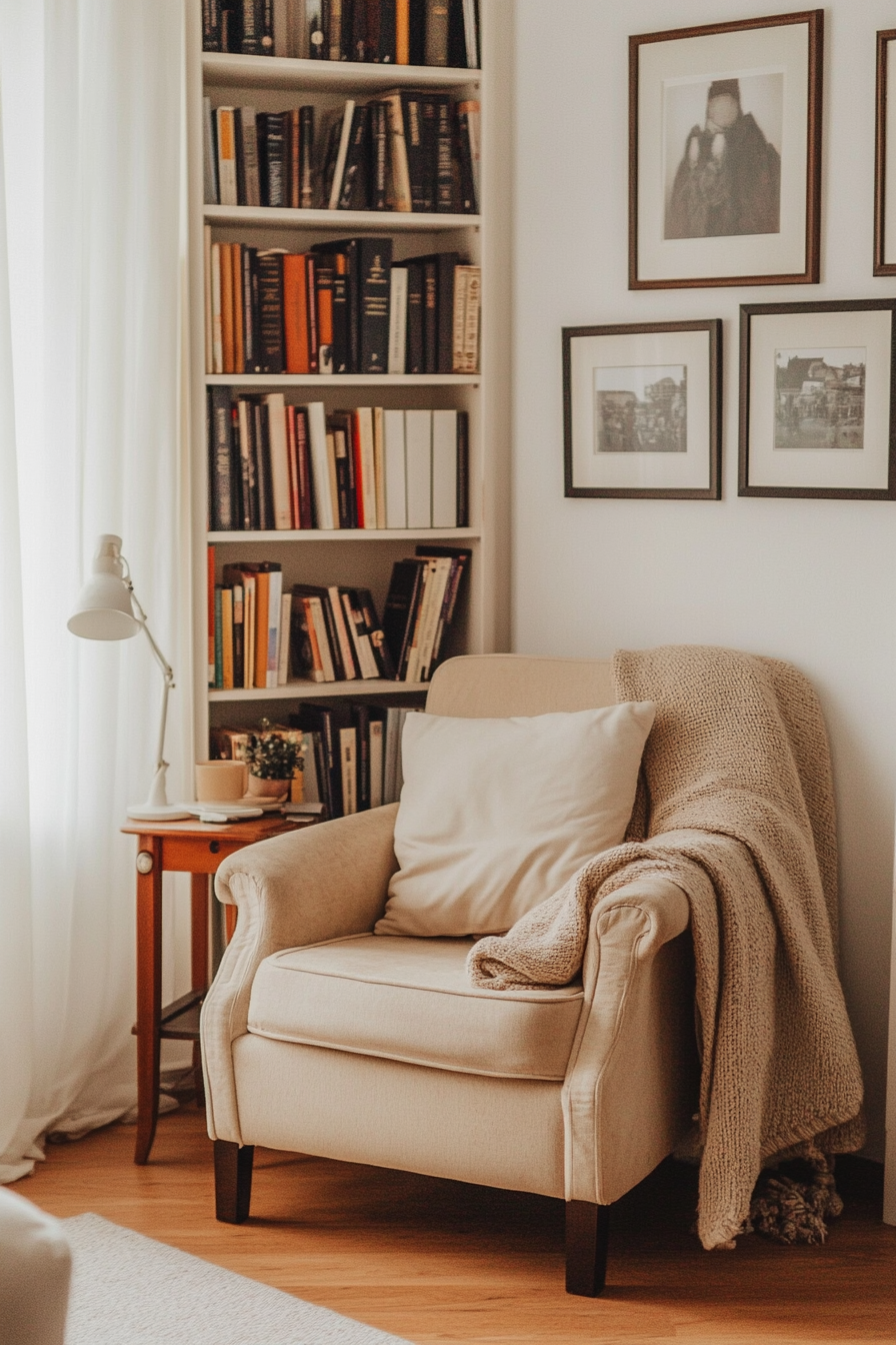 Bedroom with a cozy reading nook and soft cushions