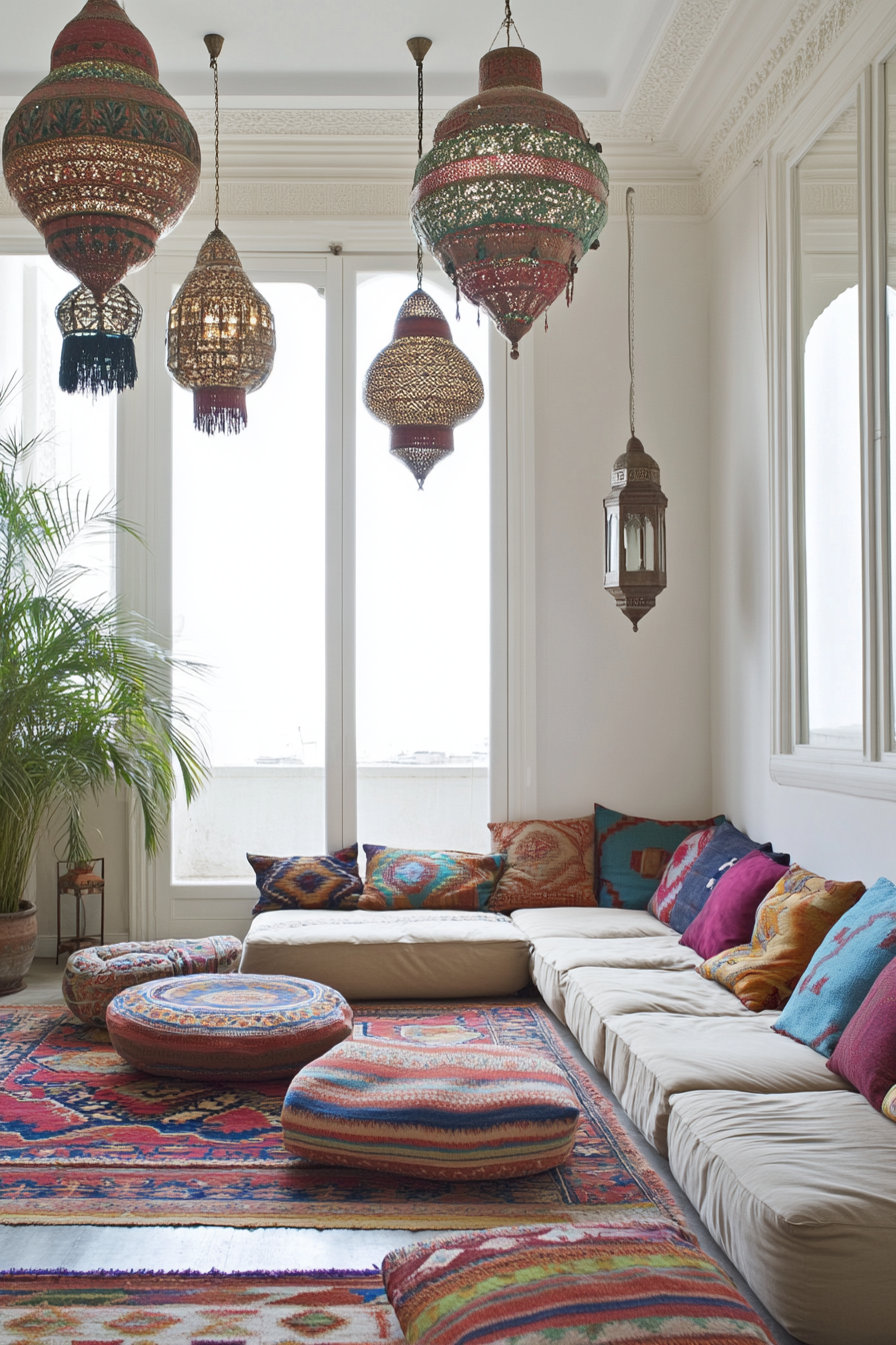 Vibrant cushion and pillow arrangements