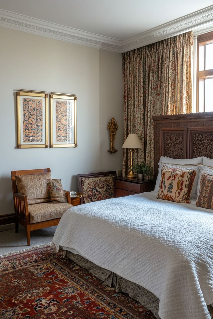 Comfortable bed with luxurious bedding in Persian guest room