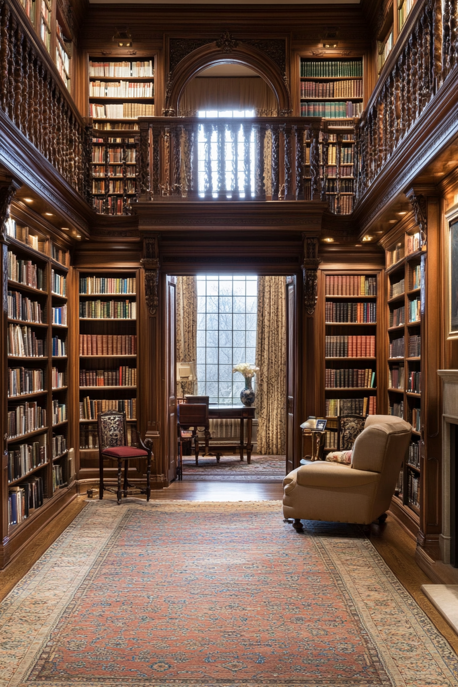 Built-in bookshelves and plush armchair in Persian library