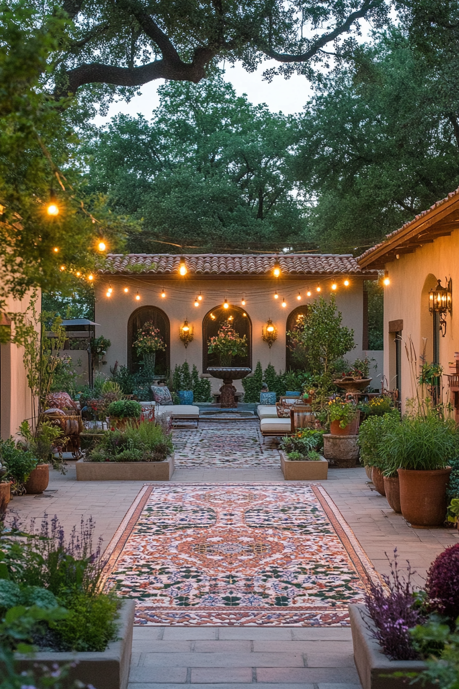 Seating areas with Persian-style textiles in Persian garden