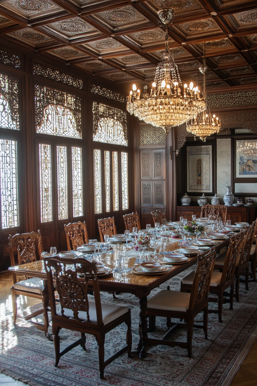 Ornate furniture and tableware in Persian dining room