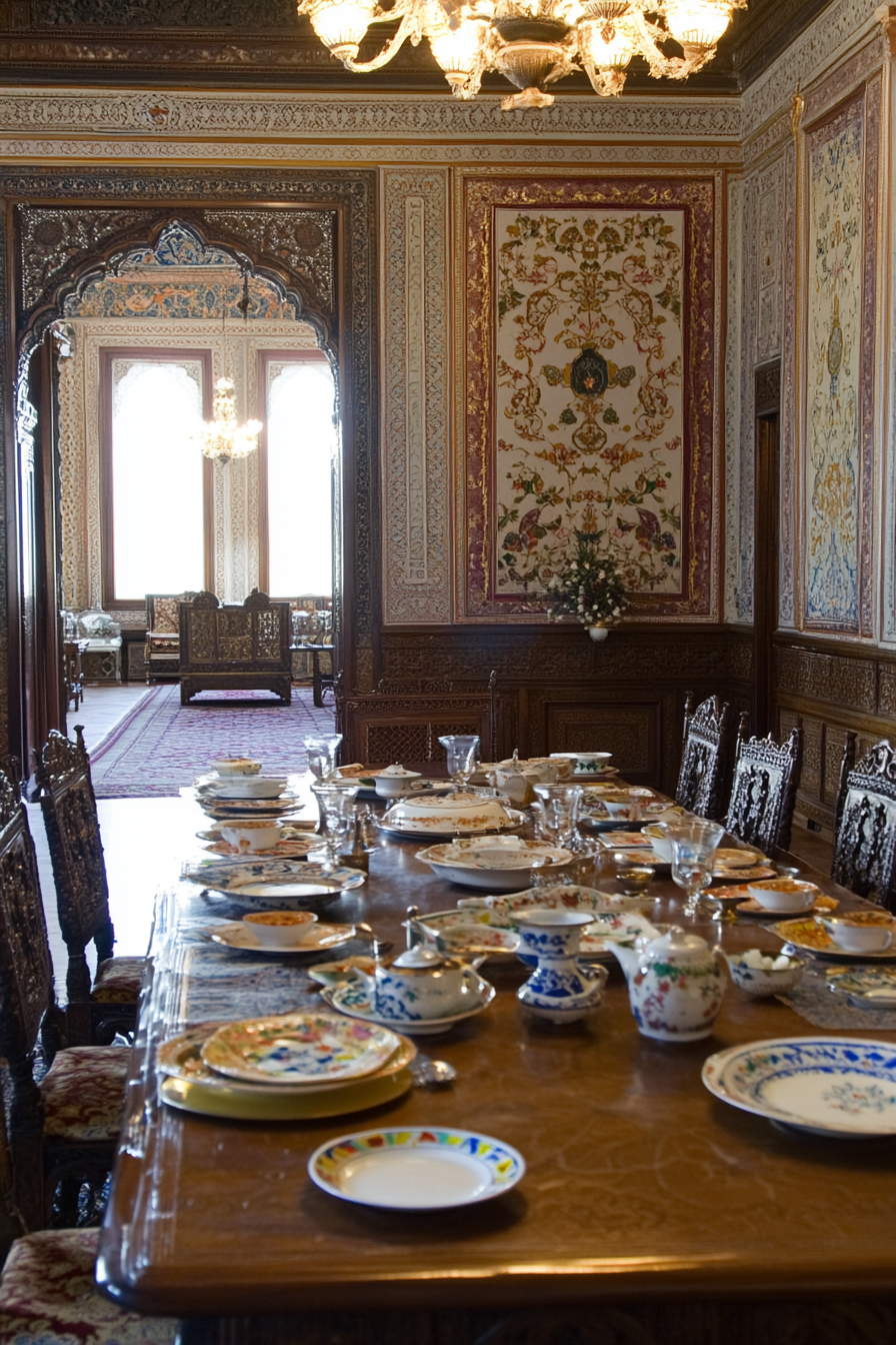 Hand-painted plates and ornate silverware on Persian dining table