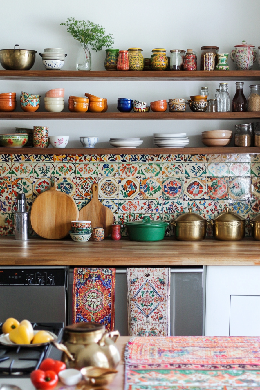 Vibrant tilework and textiles in Persian kitchen