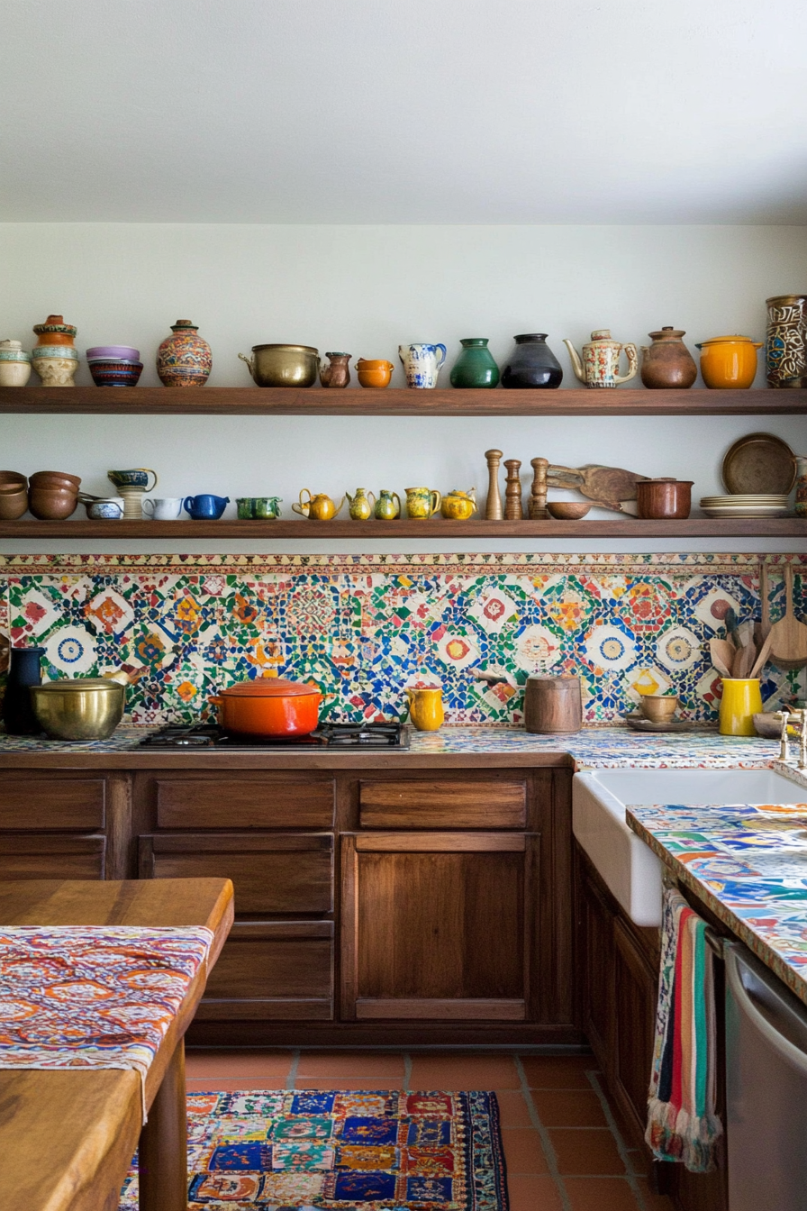 Brass pots and handcrafted ceramic bowls in Persian kitchen