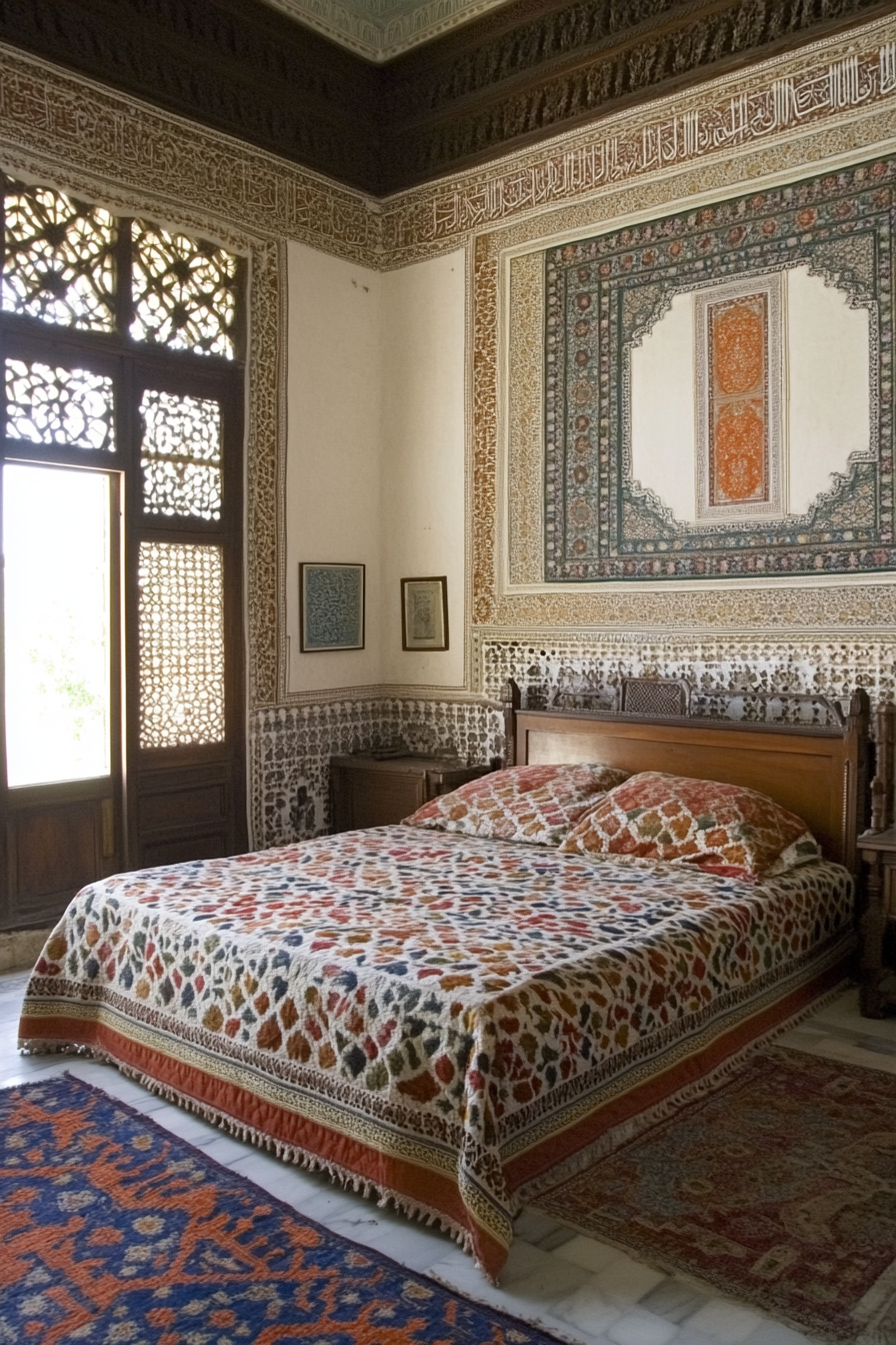 Opulent textiles and patterns in Persian bedroom