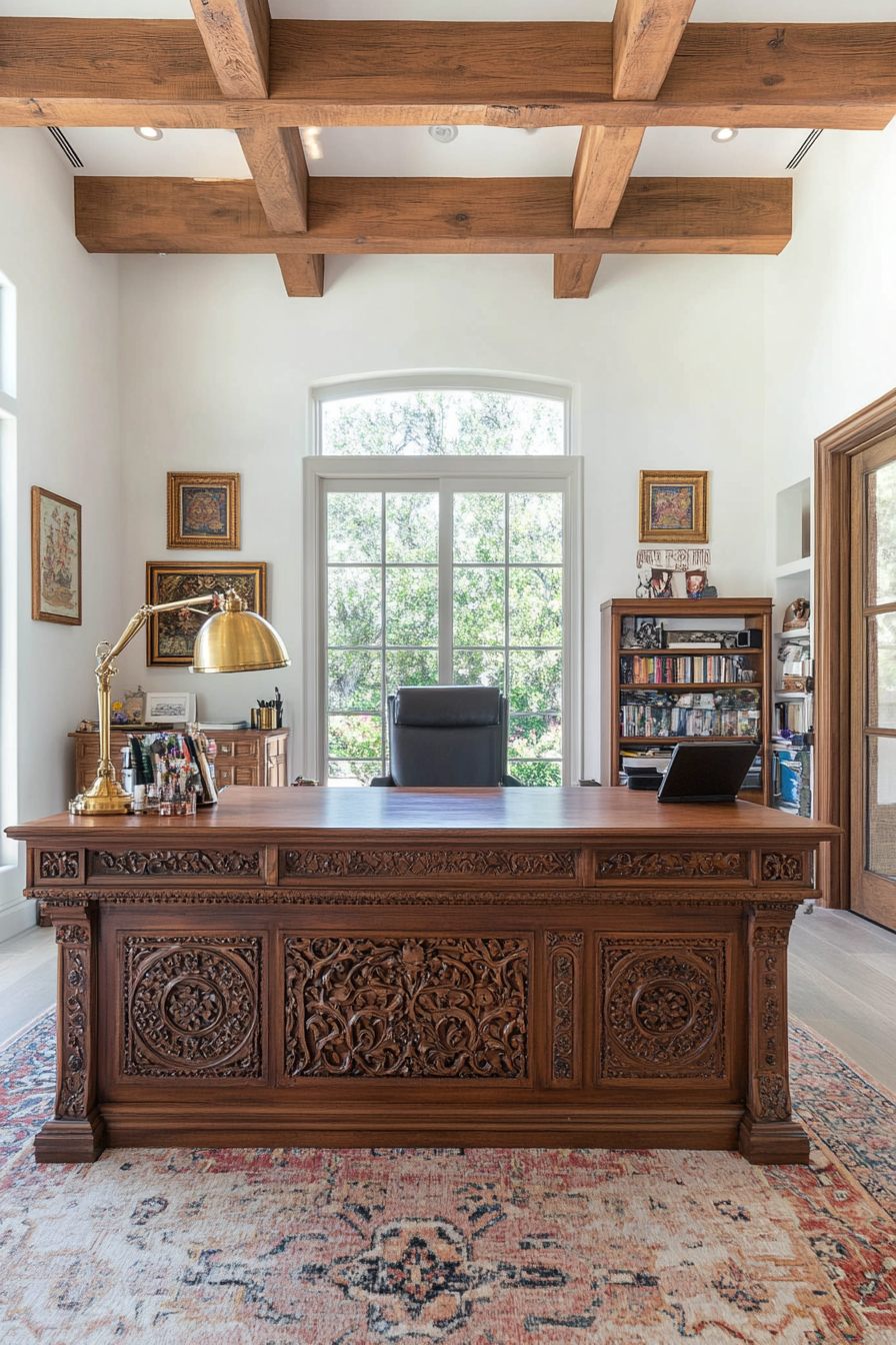 Sturdy wooden desk with intricate carvings in Persian home office