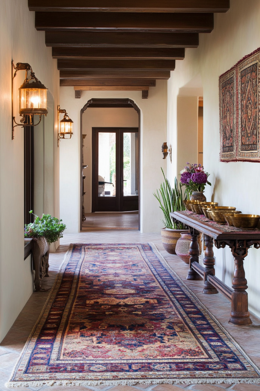 Console table with decorative items in Persian entryway