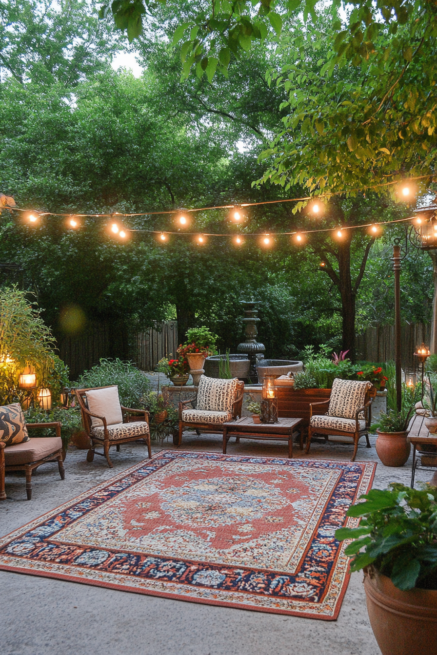 Brass lanterns and ceramic pots on Persian patio