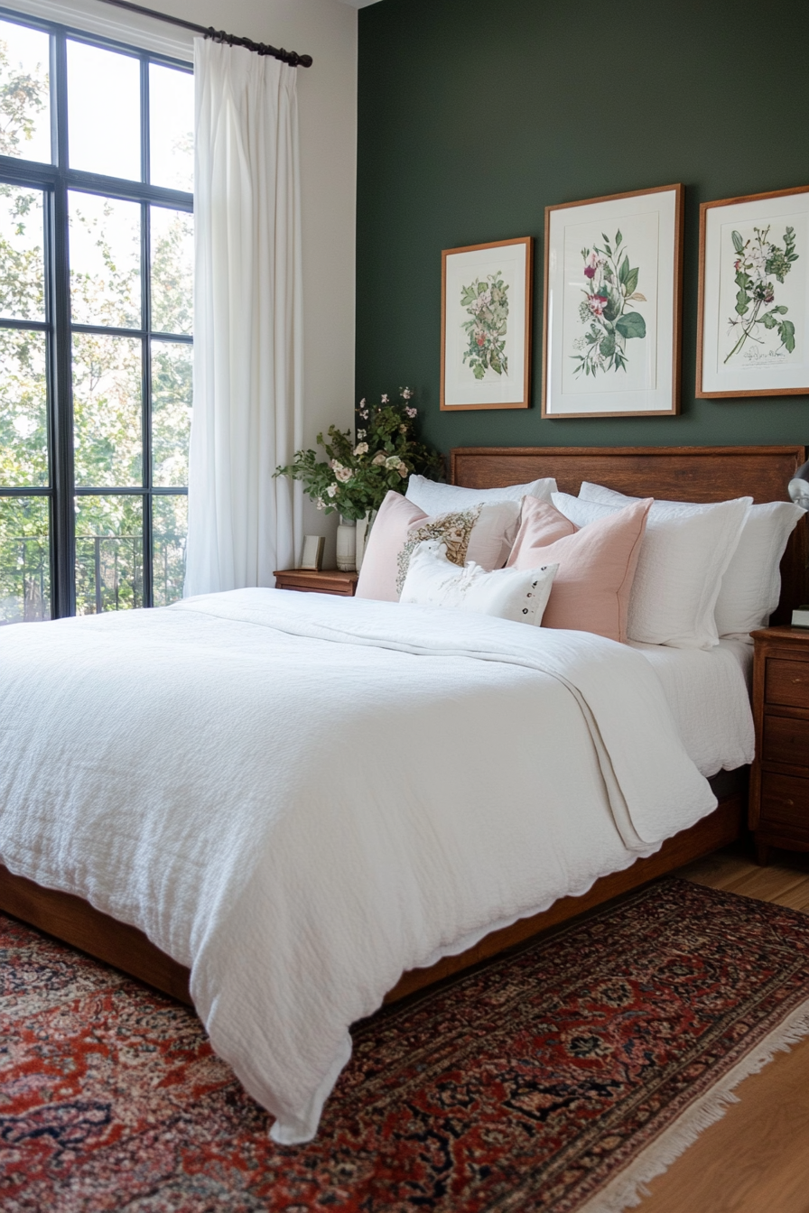 Sage green accent wall behind bed with white linens and blush throw pillows