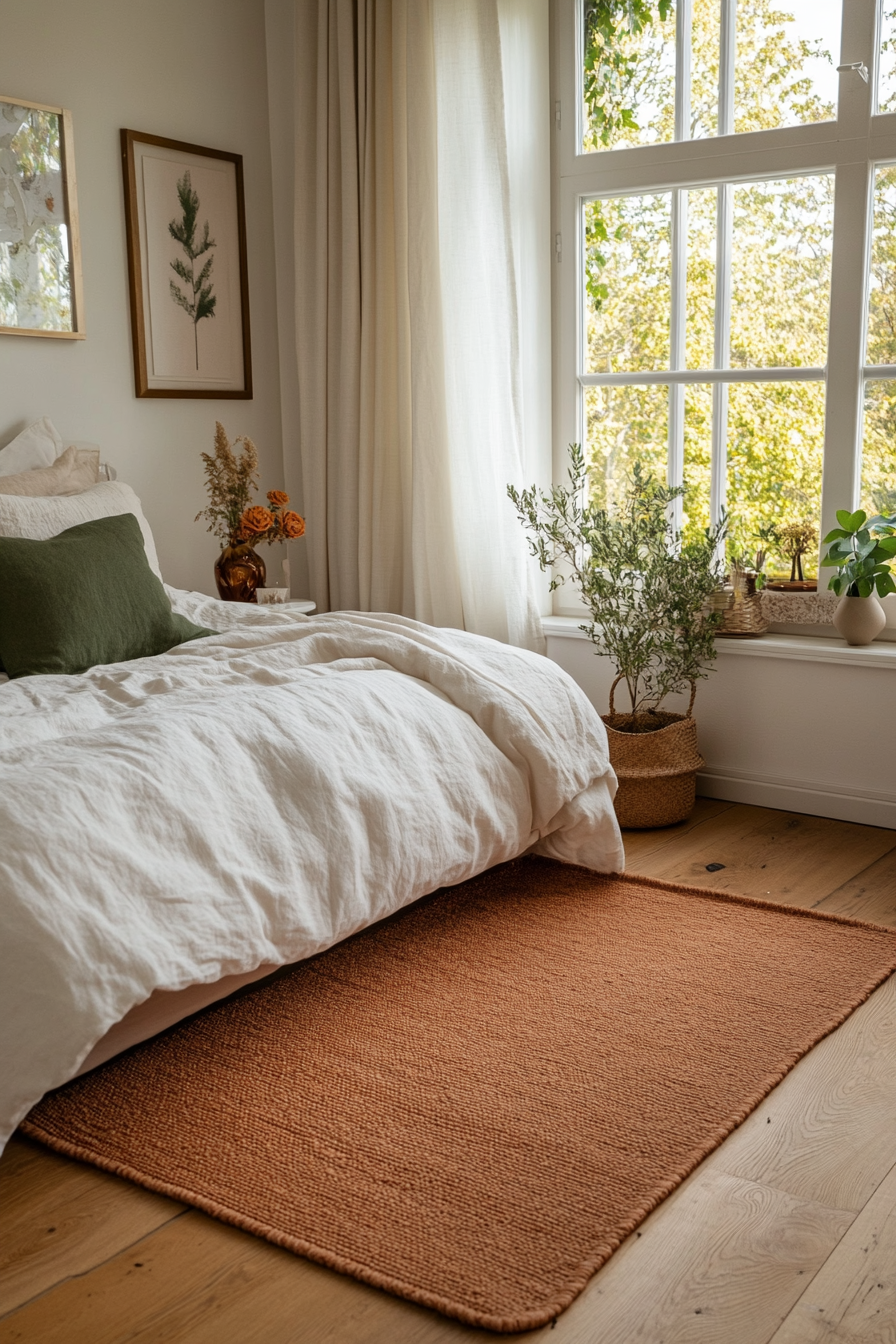 Blush area rug under bed with neutral and sage green bedding