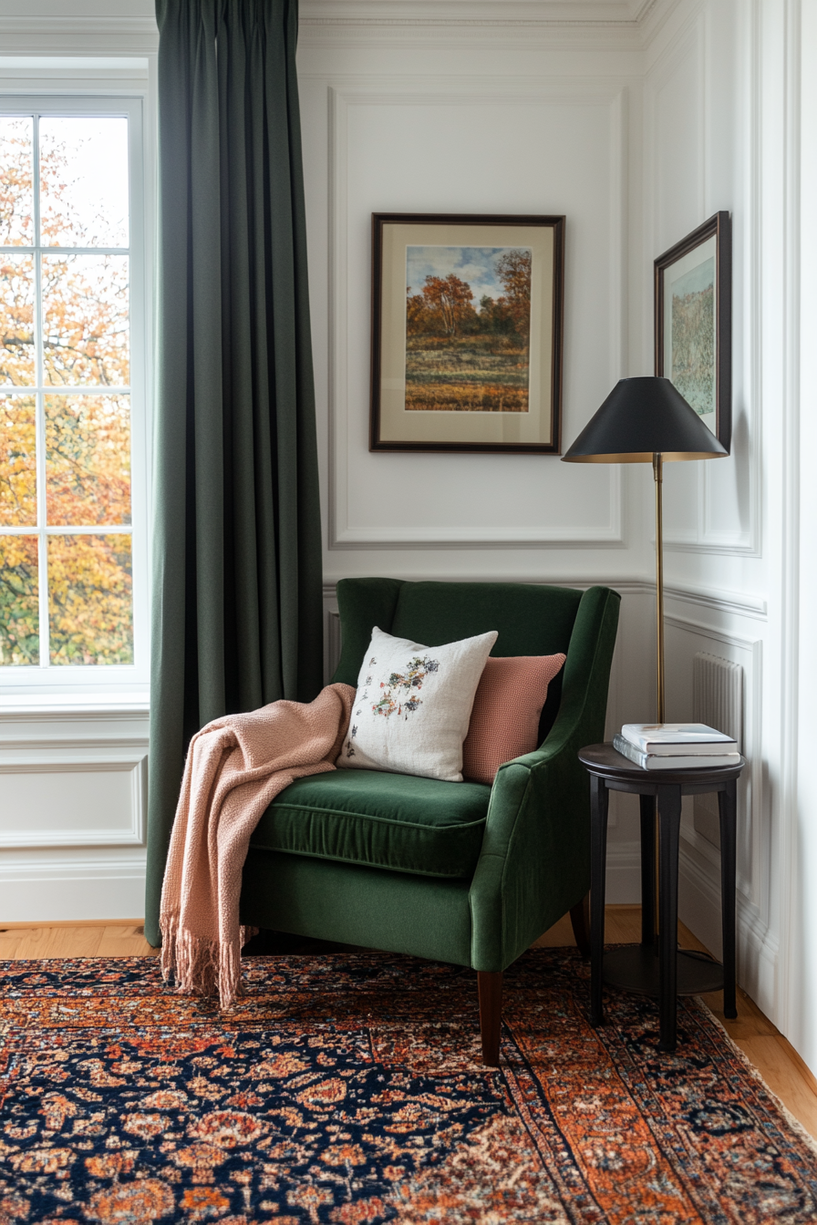 Sage green accent chair with blush throw blanket