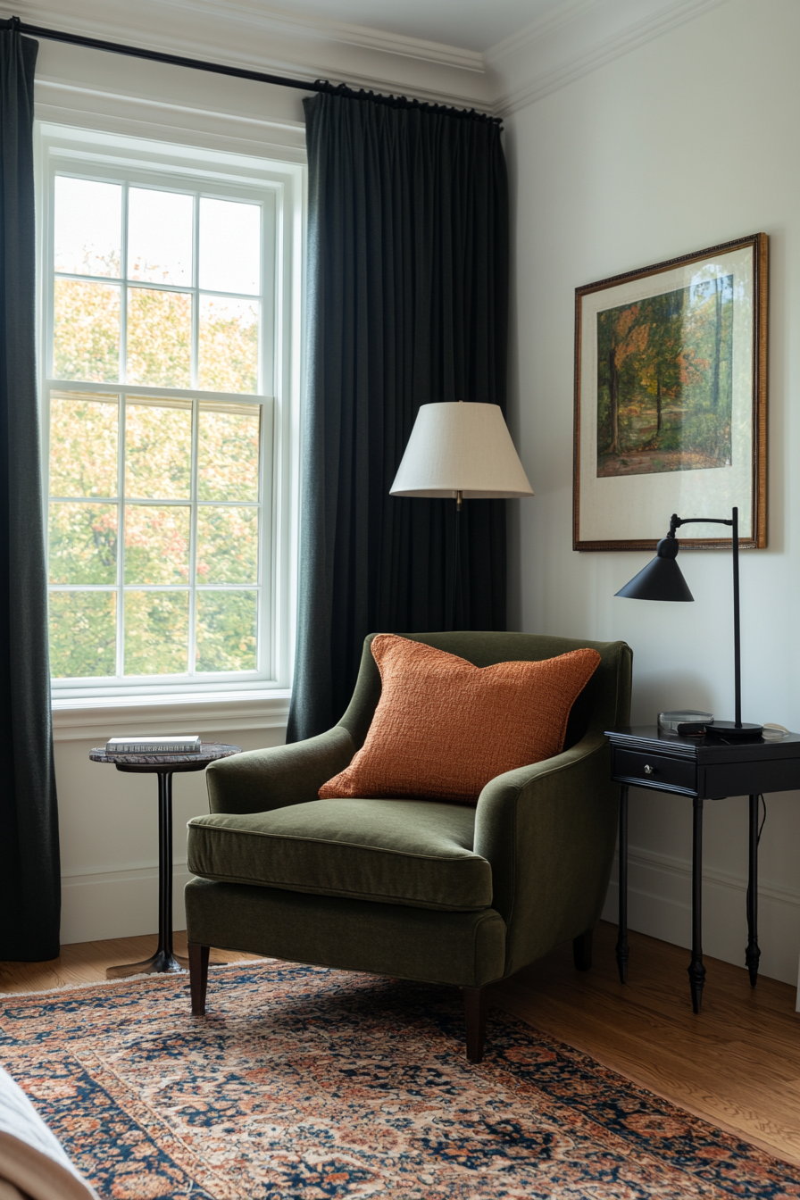 Blush throw blanket on sage green accent chair with side table