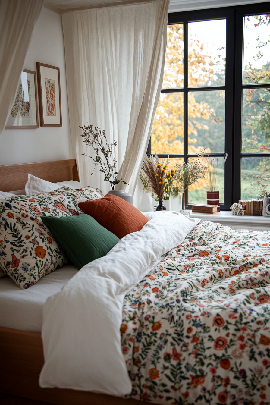 Blush and sage green bedspread with floral or striped pattern