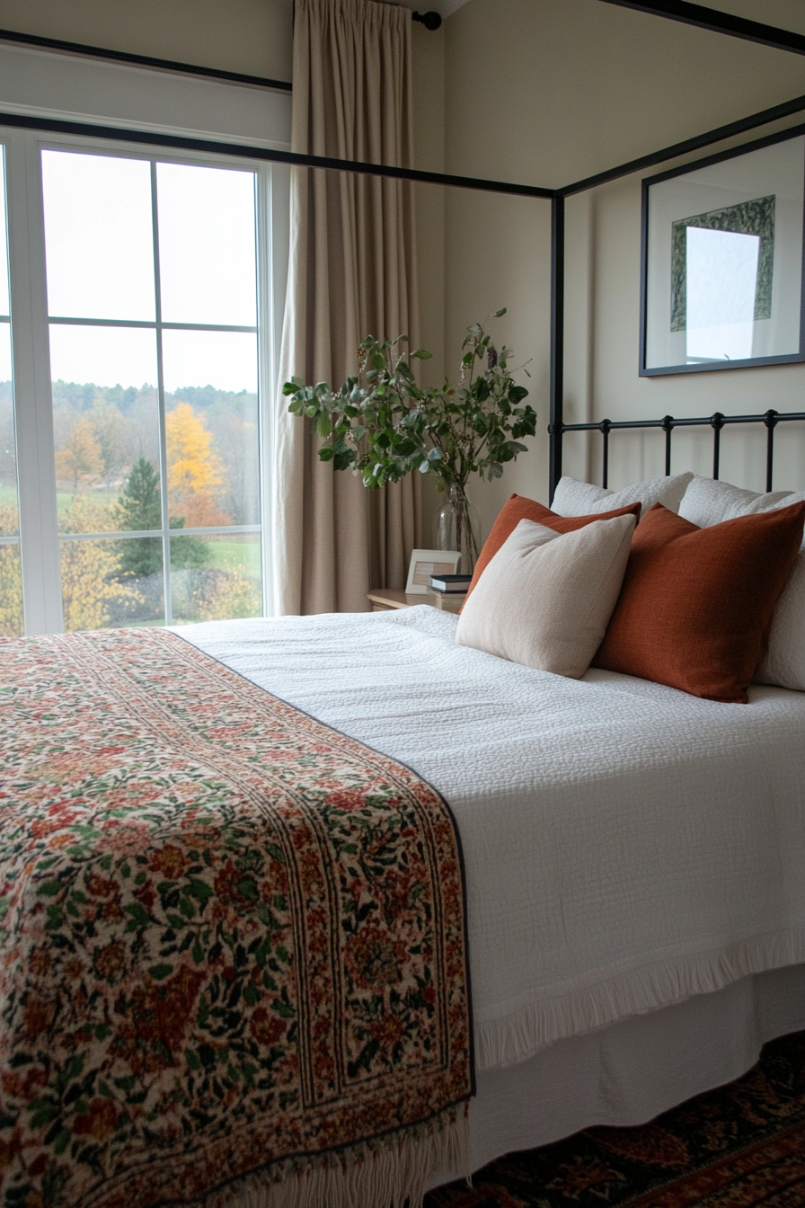 Decorative headboard framing blush and sage green bedspread