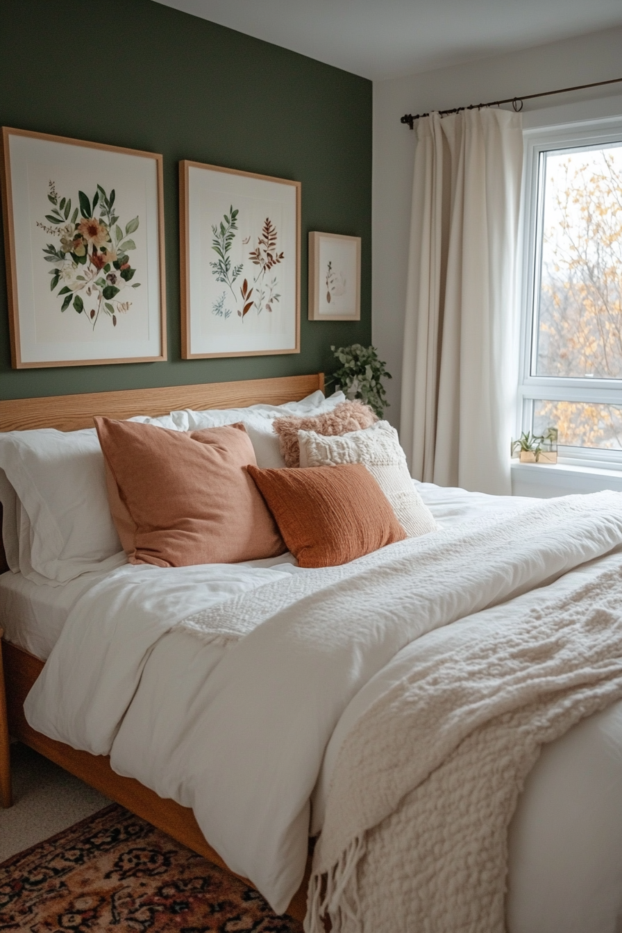 Botanical-themed artwork enhancing sage green accent wall
