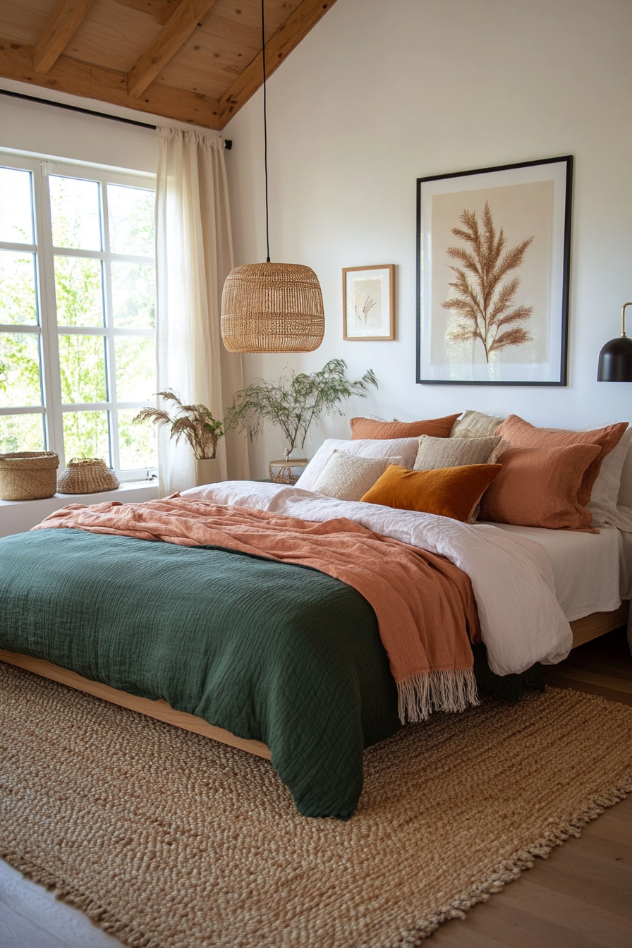 Blush-colored bedding ensemble with blush sheets and sage green quilt
