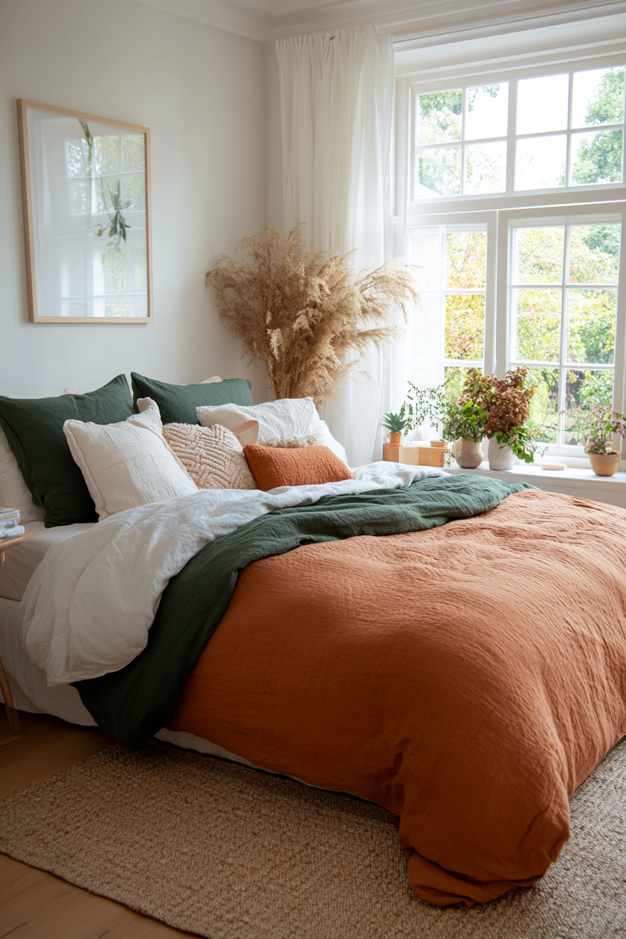 Neutral bed canopy framing blush bedding