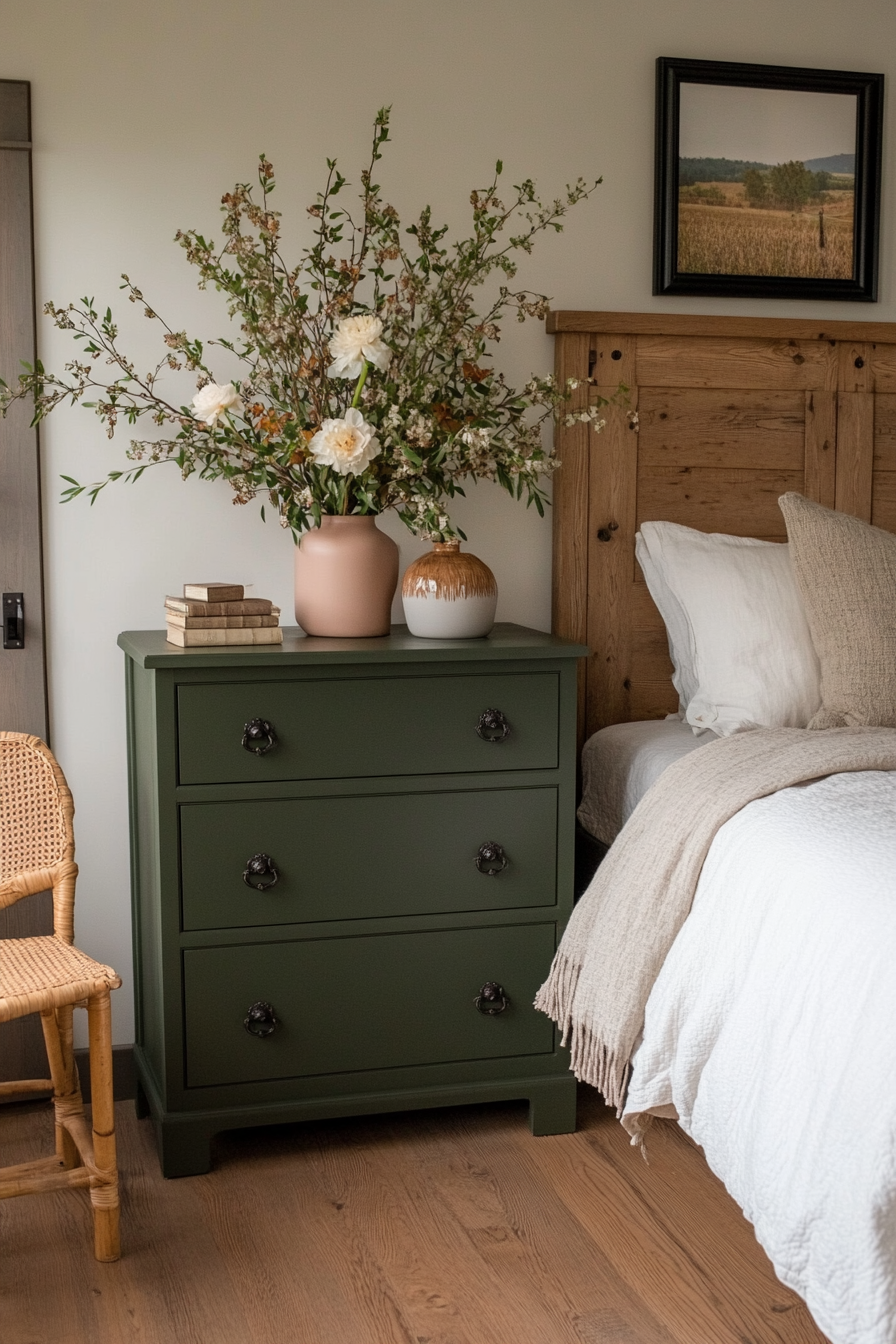 Sage green dresser with blush vase and neutral accessories