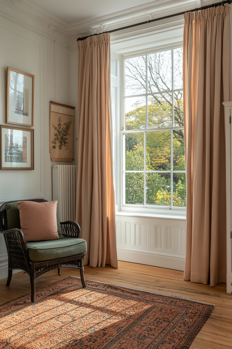Blush curtains flowing to the floor with sage green tiebacks