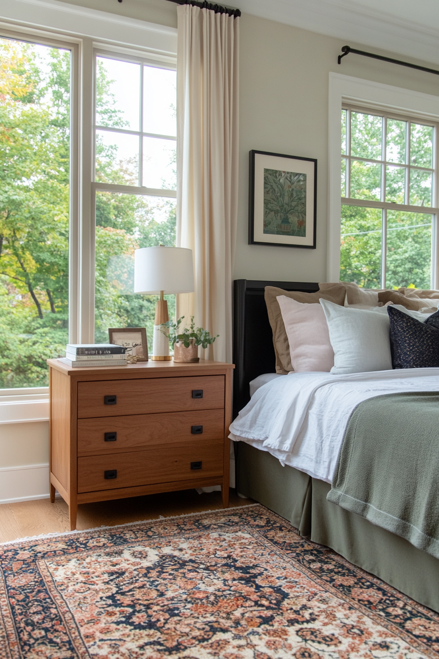 Floral or geometric patterns on sage green and blush rug