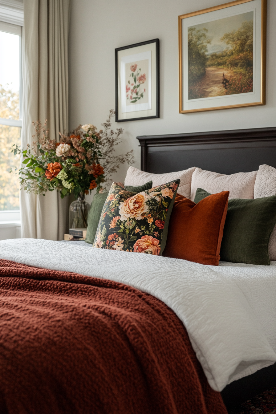 Mix of blush throw pillows on bed with sage green pillows