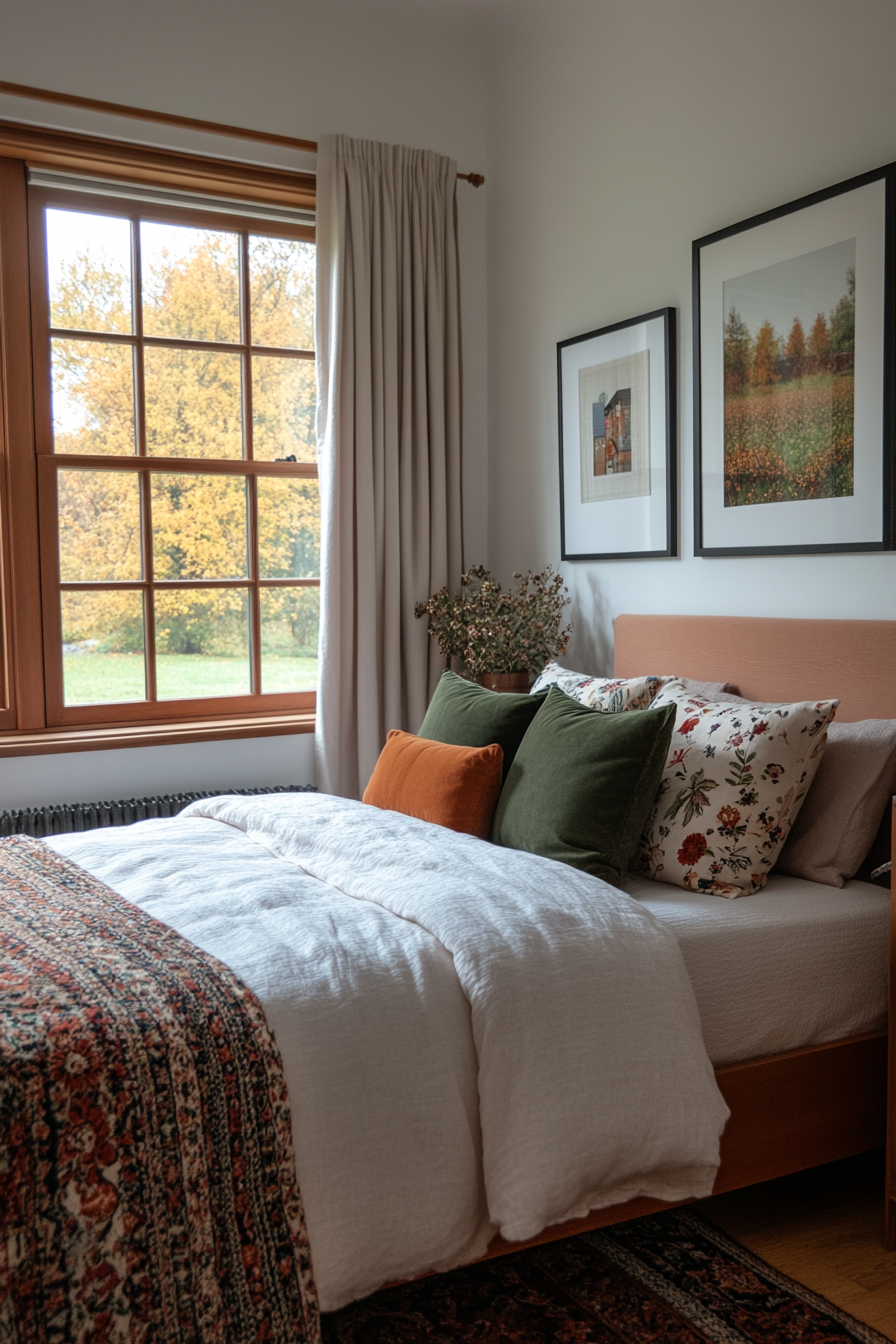 Soft fabric pillows in blush and sage green on bed