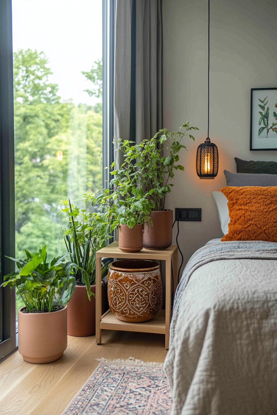 Sage green plants in blush-colored planters