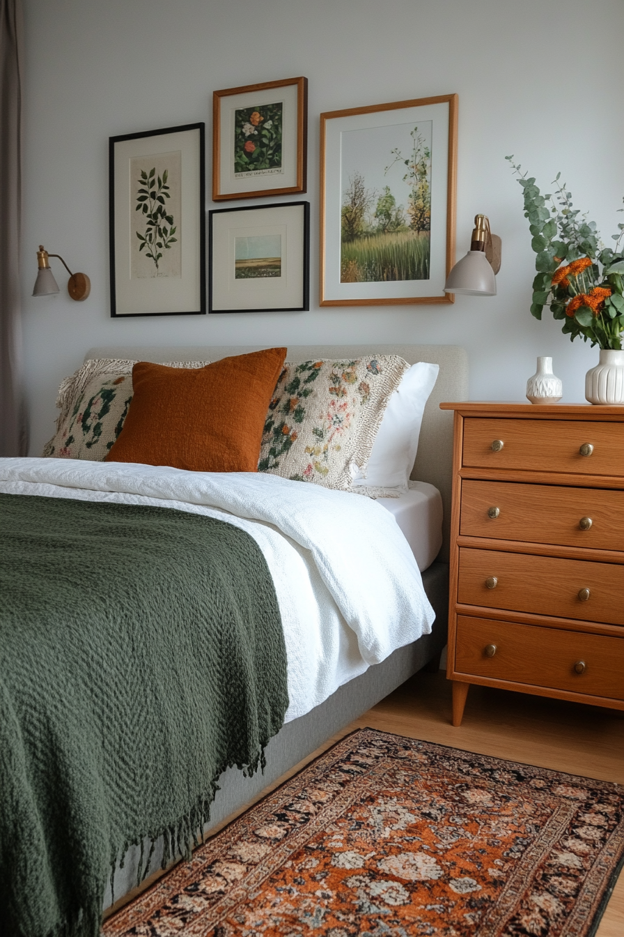 Gallery wall arrangement with sage green and blush artwork