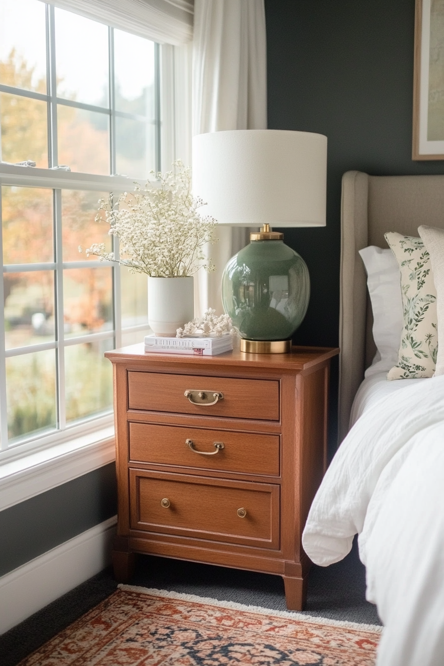Sage green and blush bedside lamps with decorative items