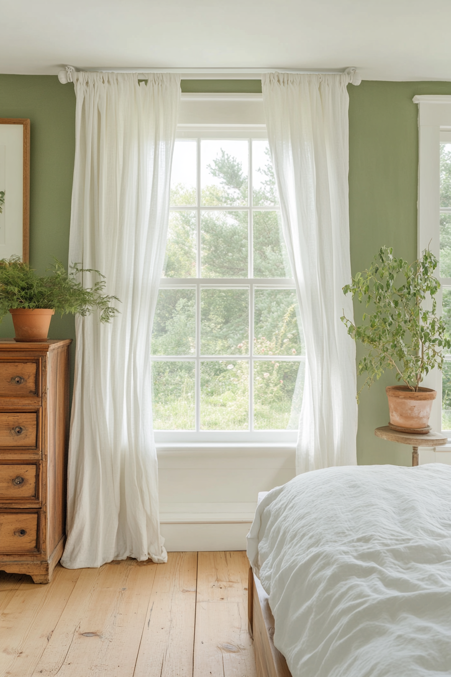 Sage green walls with white trim in a farmhouse bedroom