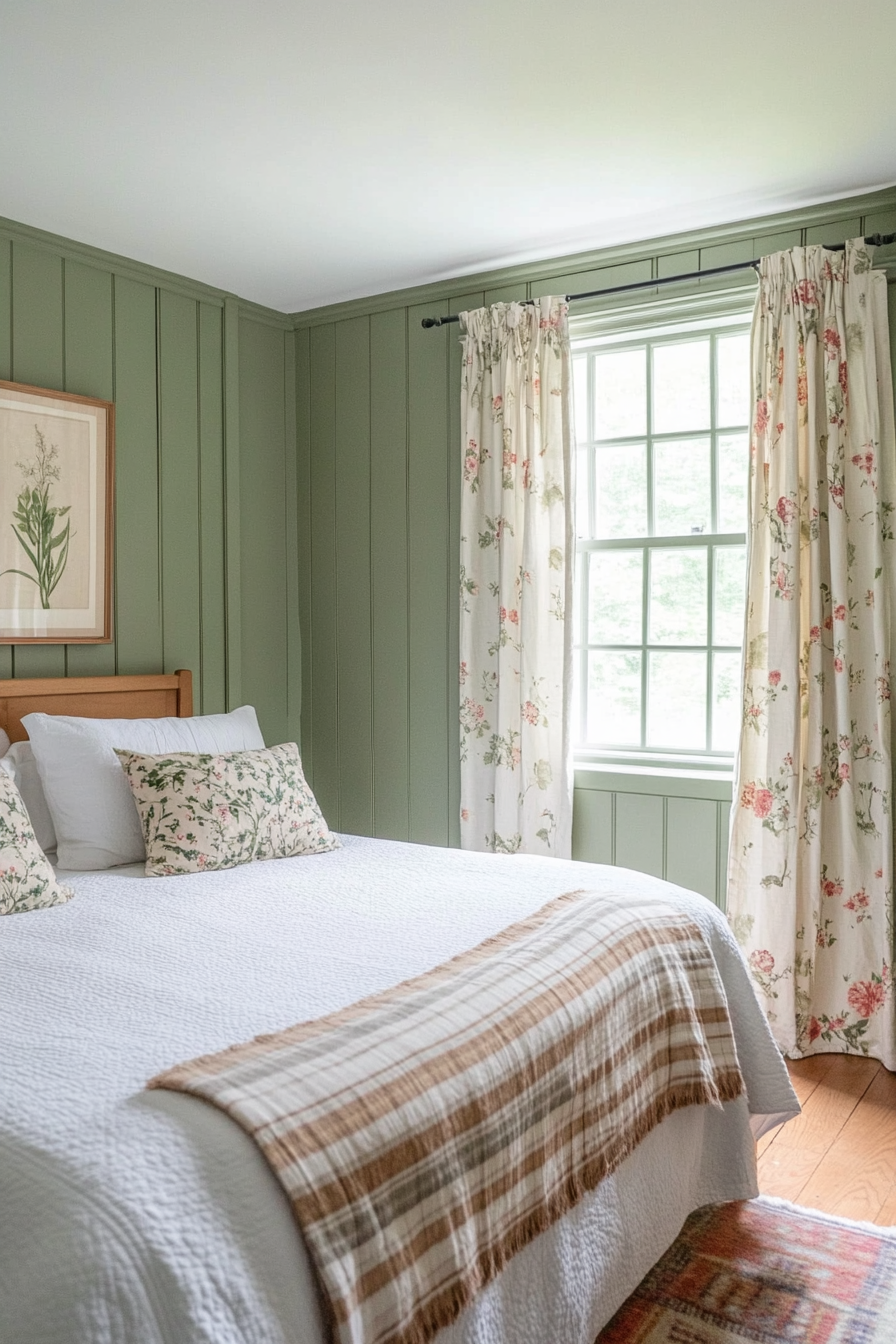 Farmhouse bedroom with mixed textiles