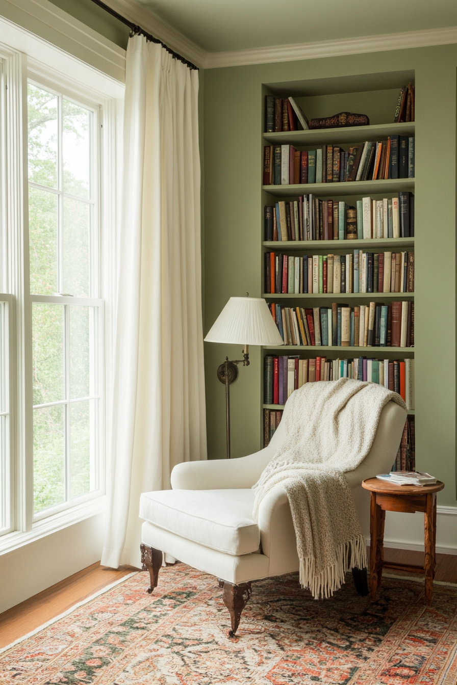 Farmhouse bedroom with a cozy reading nook