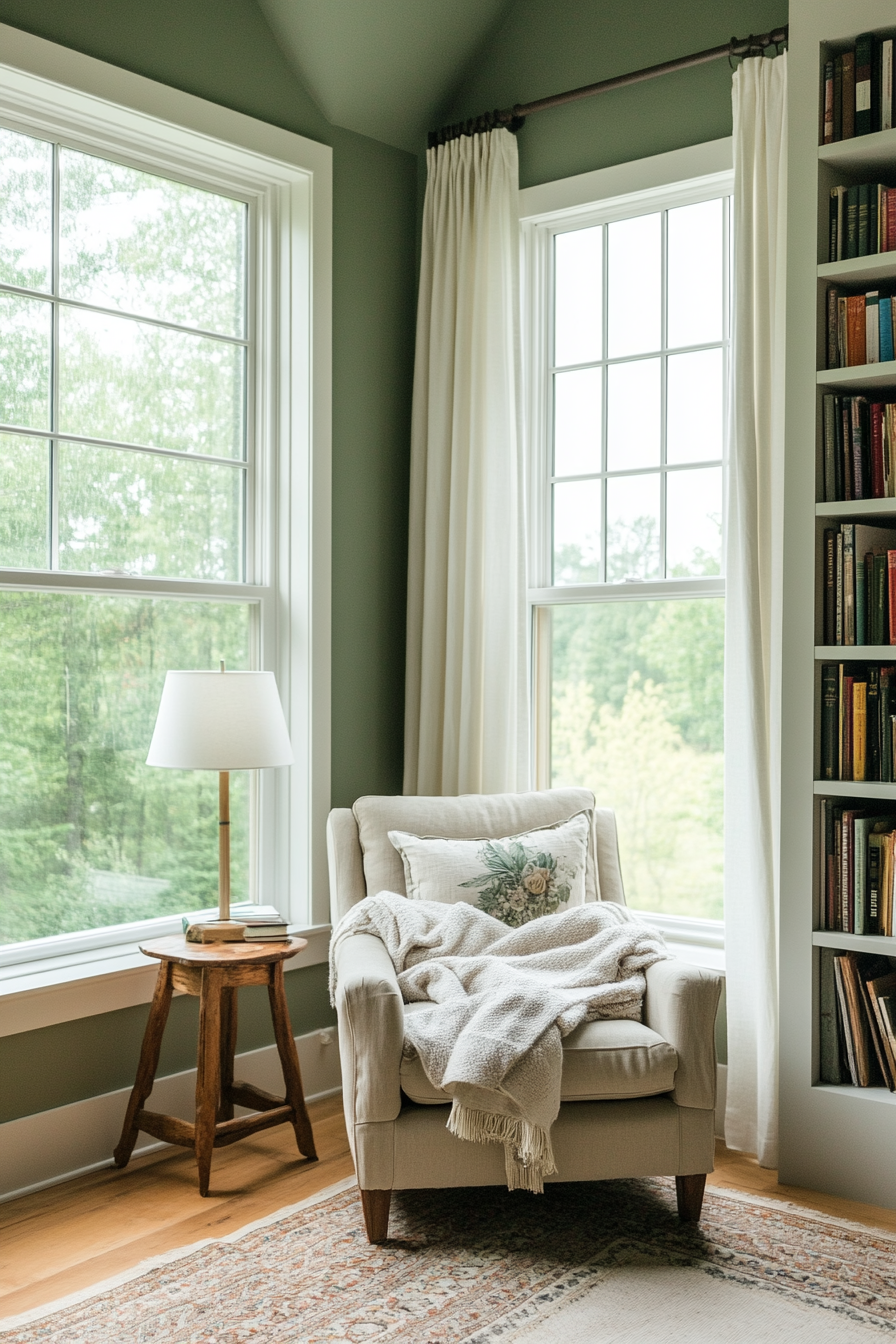 Farmhouse bedroom with a cozy reading nook