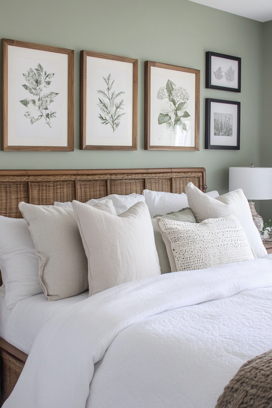 Farmhouse bedroom with artwork and photographs
