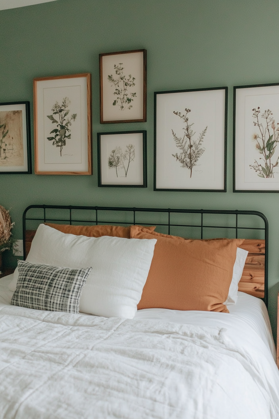 Farmhouse bedroom with artwork and photographs