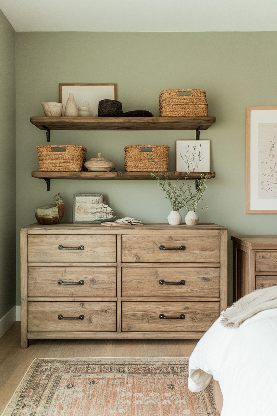 Farmhouse bedroom with rustic storage solutions