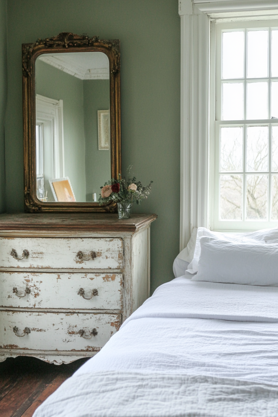 Farmhouse bedroom with elegant mirrors