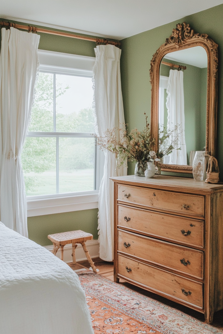 Farmhouse bedroom with elegant mirrors