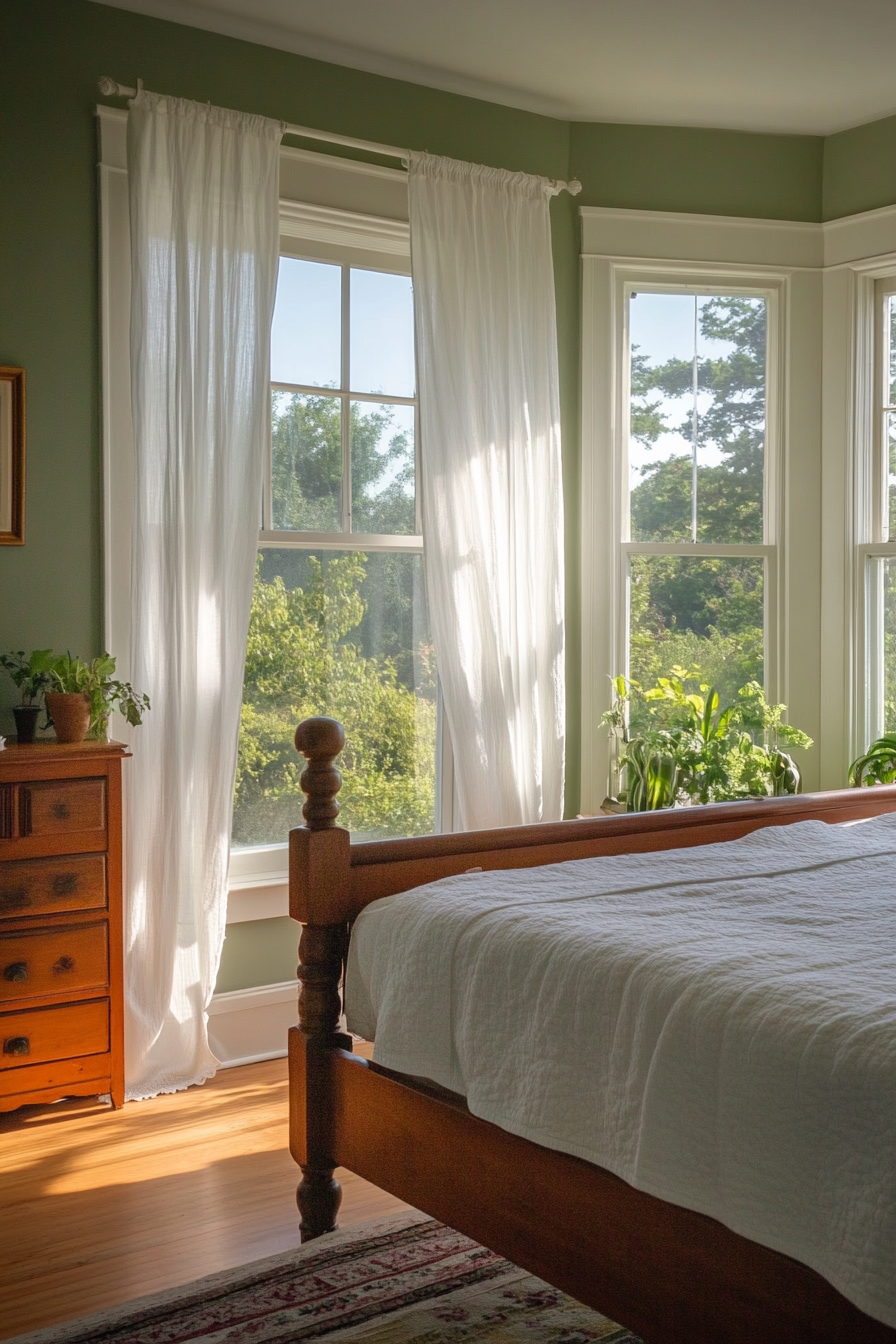 Sage green walls with white trim in a farmhouse bedroom
