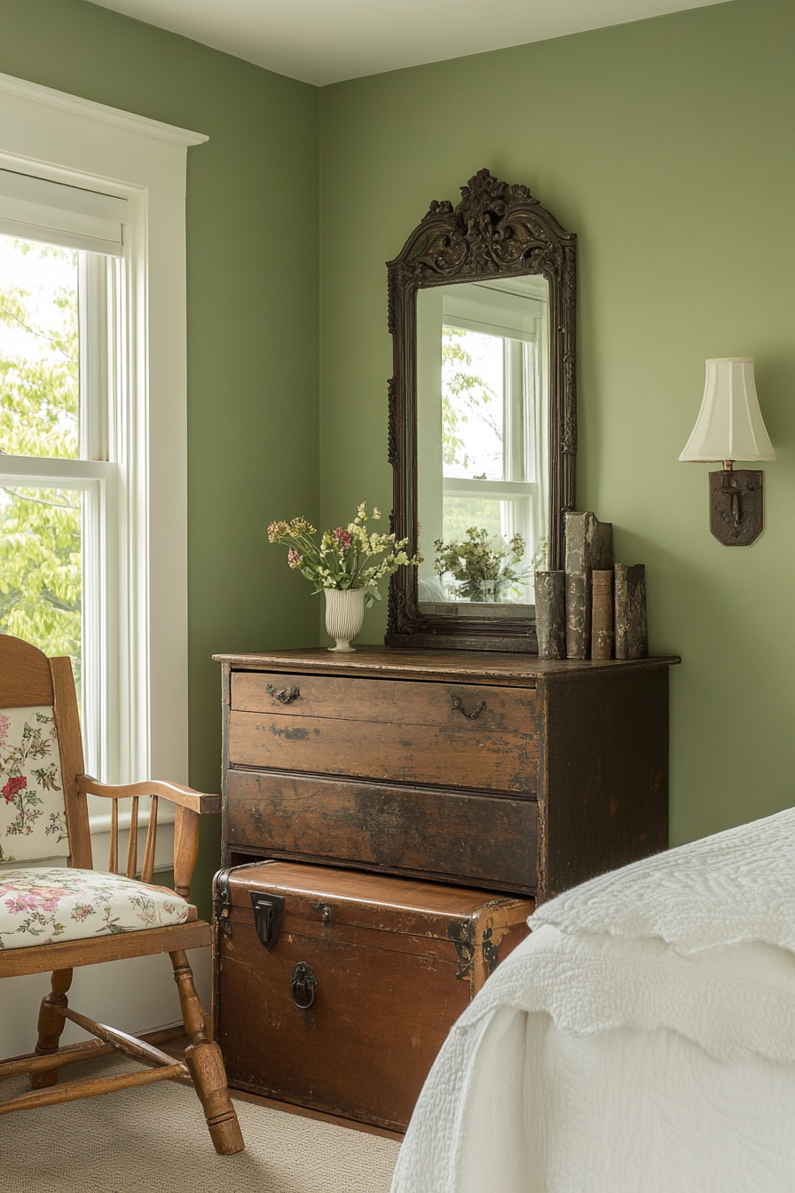 Farmhouse bedroom with vintage-inspired furniture