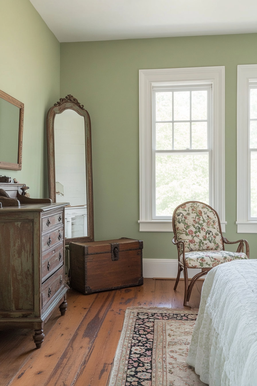 Farmhouse bedroom with vintage-inspired furniture