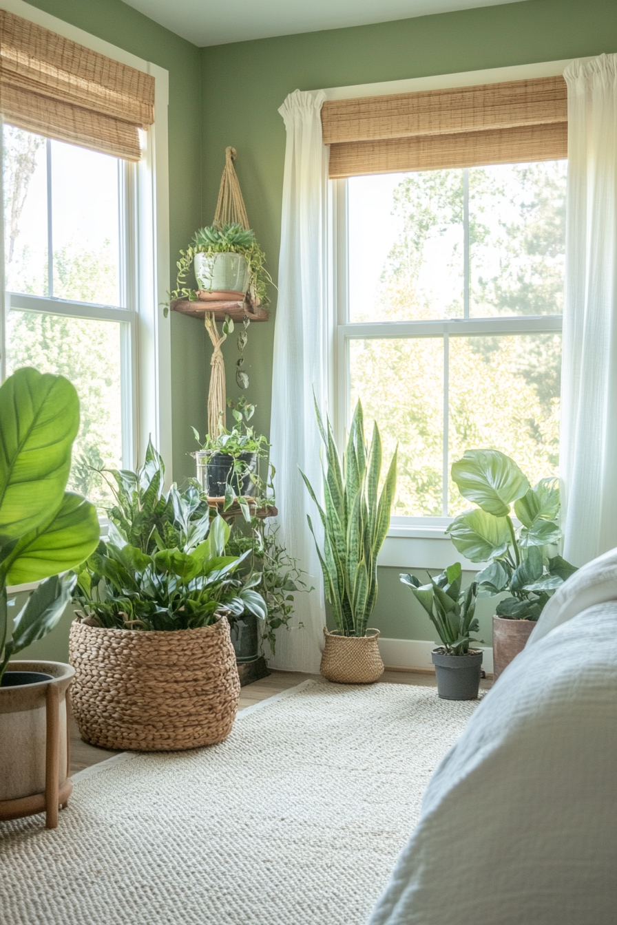 Farmhouse bedroom with greenery