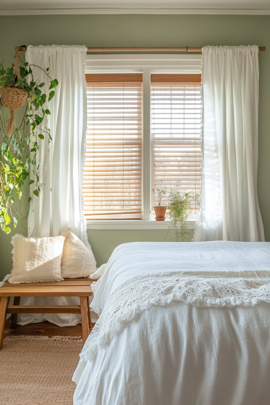 Farmhouse bedroom with farmhouse-style window treatments