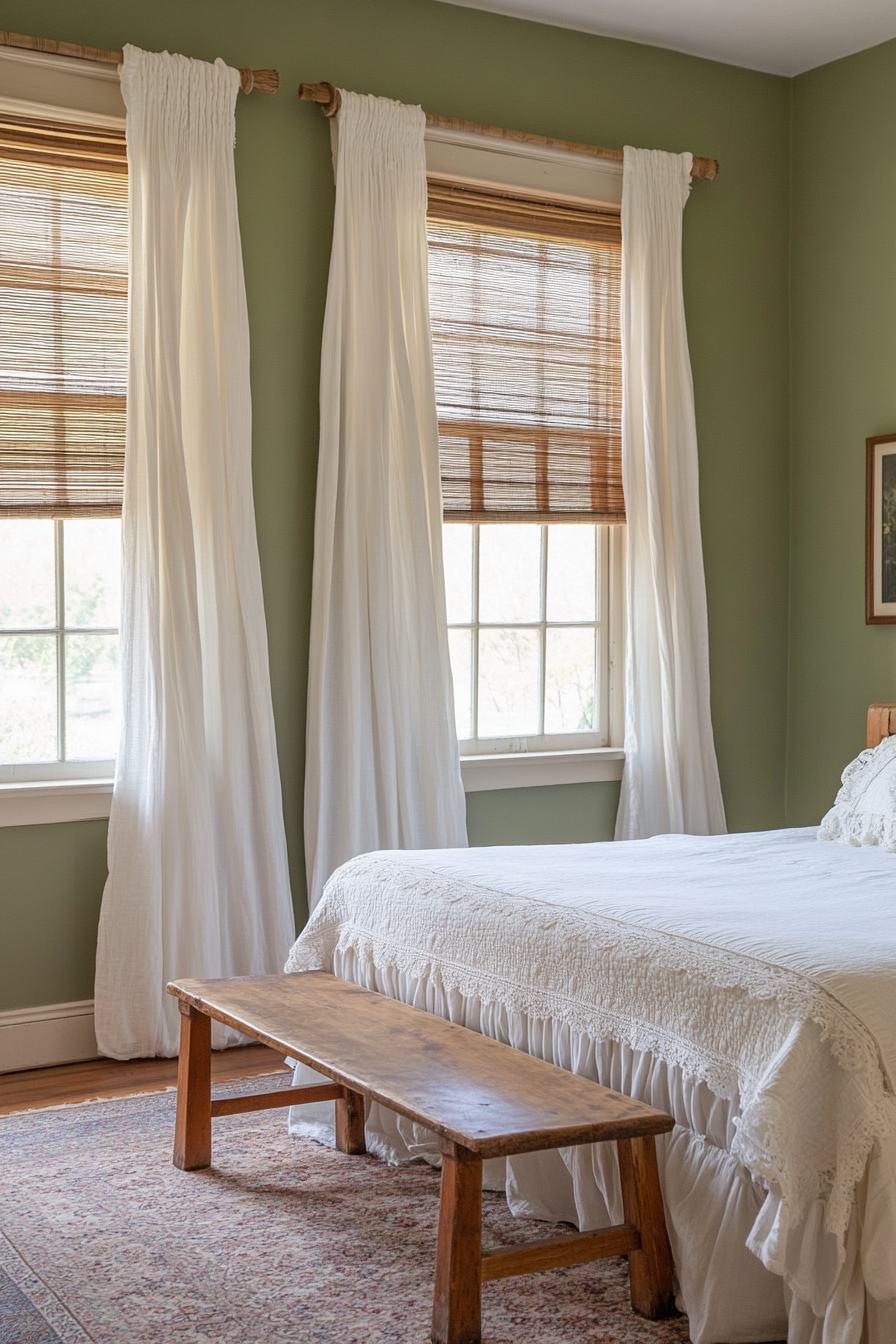 Farmhouse bedroom with farmhouse-style window treatments