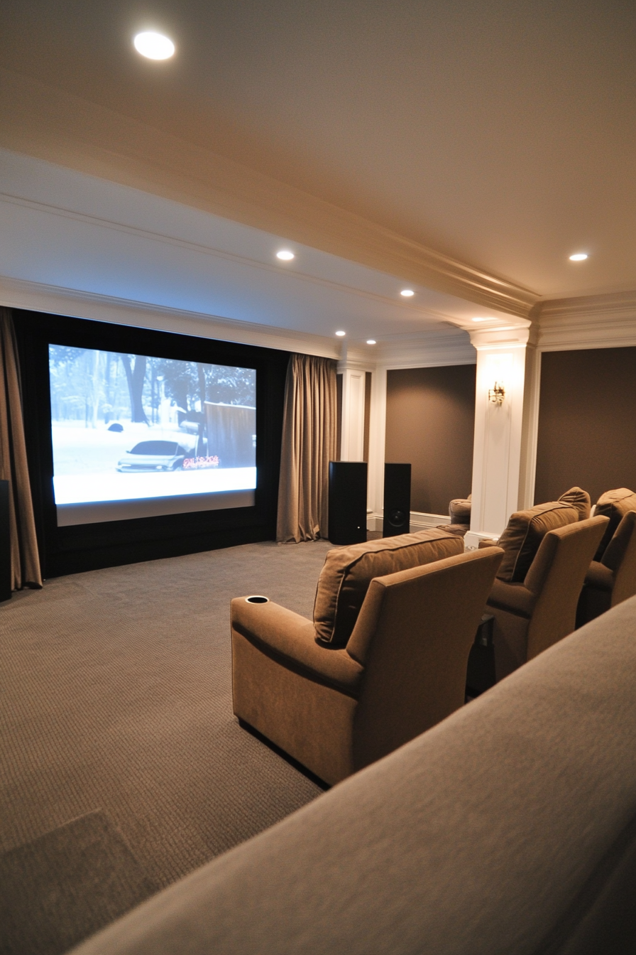 Basement home theater with large screen and reclining chairs