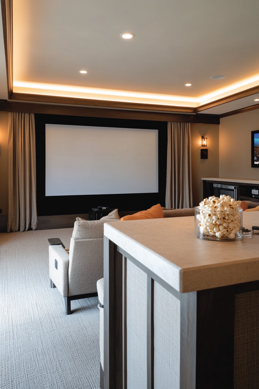 Basement home theater with soundproofed walls and surround sound speakers